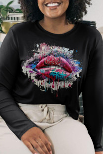 Black Casual Lips Printed Patchwork O Neck Tops