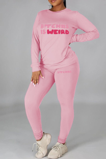 Pink Street Print Letter O Neck Long Sleeve Two Pieces