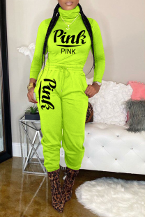 Fluorescent Green Casual Print Patchwork Letter Turtleneck Long Sleeve Two Pieces