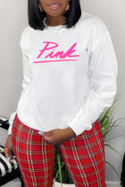 White Casual Street Print Letter O Neck Tops