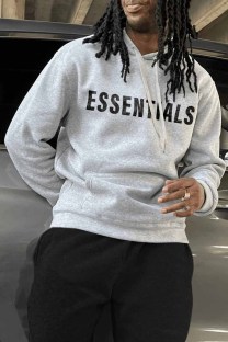 Grey Casual Print Letter Hooded Collar Tops