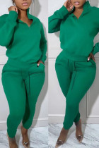 Green Casual Solid Patchwork Zipper Collar Long Sleeve Two Pieces