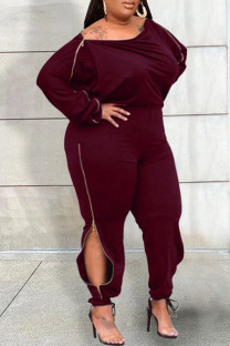 Purplish Red Casual Solid Patchwork Zipper O Neck Plus Size Jumpsuits