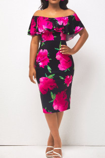 Black Sexy Print Patchwork Flounce Off the Shoulder Straight Dresses
