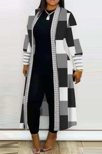 Black And White Casual Print Patchwork Cardigan Collar Outerwear