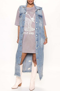 Blue Casual Solid Patchwork Turndown Collar Sleeveless Regular Denim Jacket