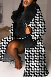 Black Sexy Daily Print Patchwork fur Turn-back Collar Outerwear