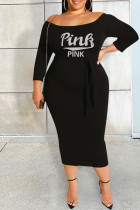 Black Casual Print Bandage Patchwork Off the Shoulder One Step Skirt Plus Size Dresses