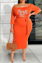 Tangerine Red Casual Print Bandage Patchwork Off the Shoulder One Step Skirt Plus Size Dresses