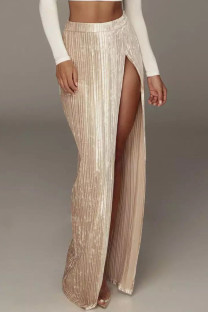 Apricot Sexy Solid Patchwork Slit Fold High Waist Straight Solid Color Bottoms