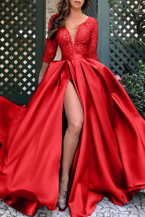 Red Elegant Solid Sequins Patchwork V Neck Evening Dress Dresses