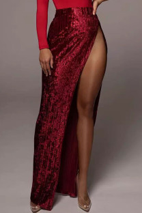 Burgundy Sexy Solid Patchwork Slit Fold High Waist Straight Solid Color Bottoms