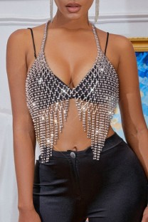 Silver Sexy Rhinestone Hollowed Out Patchwork Backless Halter Tops