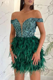 Green Sexy Solid Sequins Patchwork Feathers Off the Shoulder One Step Skirt Dresses