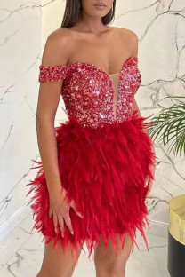 Red Sexy Solid Sequins Patchwork Feathers Off the Shoulder One Step Skirt Dresses