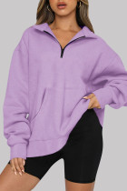 Purple Casual Solid Patchwork Zipper Collar Tops