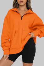Tangerine Red Casual Solid Patchwork Zipper Collar Tops