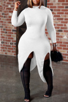 White Casual Solid Patchwork Asymmetrical Half A Turtleneck Irregular Dress Dresses