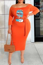 Tangerine Red Sexy Print Letter Off the Shoulder One Step Skirt Plus Size Dresses