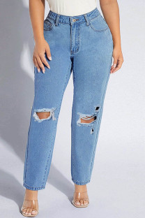 Light Blue Casual Solid Ripped Patchwork Plus Size Jeans