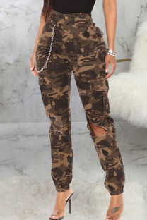 Camouflage Casual Street Print Ripped Patchwork High Waist Pencil Full Print Bottoms