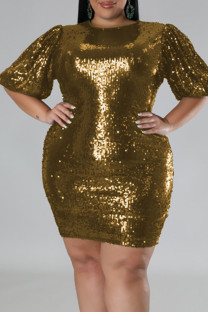 Gold Casual Solid Sequins Patchwork O Neck One Step Skirt Plus Size Dresses