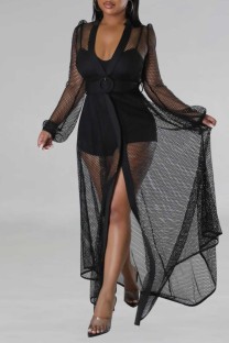 Black Sexy Casual Solid Patchwork See-through V Neck Regular Jumpsuits
