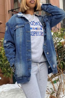Deep Blue Casual Solid Ripped Cardigan Turndown Collar Long Sleeve Regular Denim Jacket