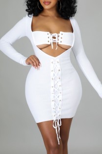 White Sexy Solid Hollowed Out Frenulum Square Collar Long Sleeve Dresses