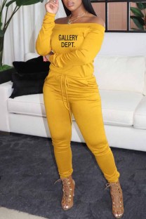Yellow Casual Print Letter Off the Shoulder Jumpsuits