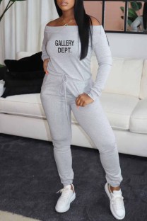 Grey Casual Print Letter Off the Shoulder Jumpsuits
