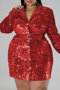 Red Sexy Solid Sequins Patchwork Buckle Turndown Collar Straight Plus Size Dresses