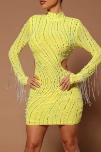 Yellow Sexy Patchwork Tassel Hollowed Out Beading Turtleneck Long Sleeve Dresses