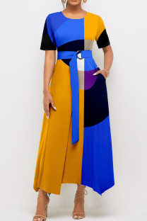 Yellow And Blue Casual Print Patchwork With Belt O Neck A Line Dresses