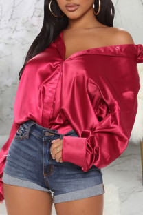 Red Casual Solid Patchwork Buckle Turndown Collar Tops