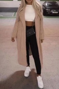 Light Khaki Casual Solid Cardigan Turndown Collar Outerwear
