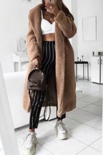 Brown Casual Solid Cardigan Turndown Collar Outerwear