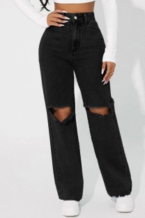 Black Casual Solid Ripped Hollowed Out High Waist Straight Denim Jeans
