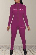 Rose Red Sportswear Print Letter Zipper Collar Jumpsuits