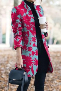 Rose Red Casual Print Patchwork Cardigan Turn-back Collar Outerwear