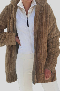 Camel Casual Solid Patchwork Cardigan Collar Outerwear