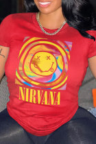 Red Street Print Patchwork O Neck T-Shirts