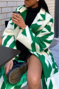 White Green Casual Print Cardigan Turndown Collar Outerwear
