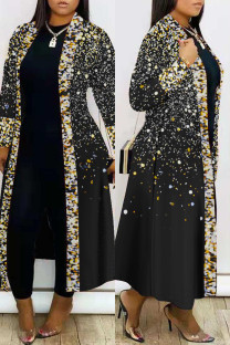 Black Gold Casual Print Cardigan Plus Size Overcoat