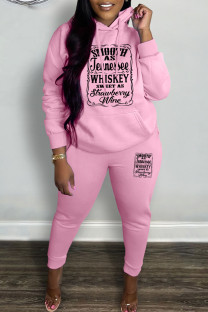 Pink Casual Letter Print Basic Hooded Collar Long Sleeve Two Pieces