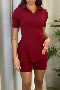 Burgundy Casual Solid Patchwork Slit Turndown Collar Short Sleeve Two Pieces