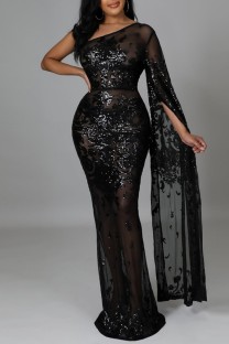 Black Sexy Patchwork Sequins See-through Backless Oblique Collar Irregular Dress Dresses