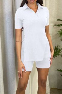 White Casual Solid Patchwork Slit Turndown Collar Short Sleeve Two Pieces
