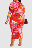 Black Pink Casual Print Patchwork Zipper Collar One Step Skirt Plus Size Dresses