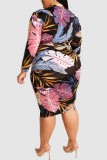 Black Pink Casual Print Patchwork Zipper Collar One Step Skirt Plus Size Dresses